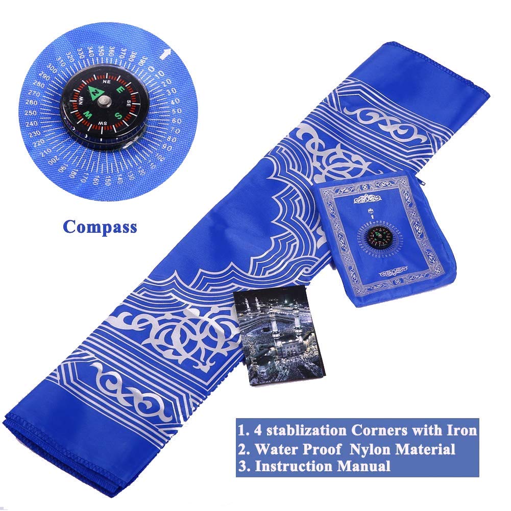 Touch and Learn || Islamic Muslim Rug Travel Prayer || Mat with compass Pocket Sized Carry Bag Cover 4x5inch || Mat 60x100cm || Blue Color