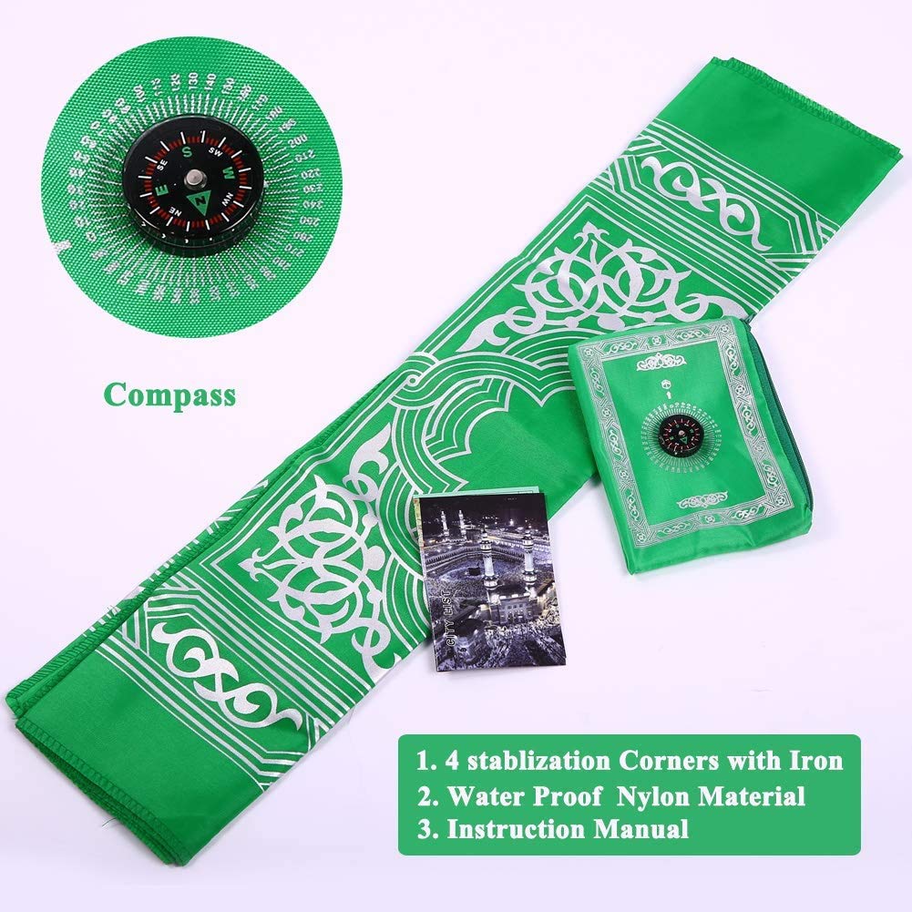Islamic Muslim Rug Travel Prayer || Mat with compass Pocket Sized Carry Bag Cover 4x5inch || Mat 60x100cm || Green