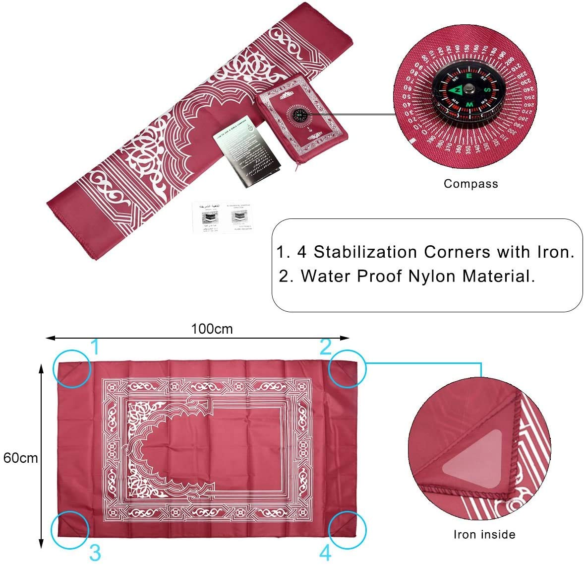 Lopkey || Islamic Muslim Rug Travel Prayer || Mat with compass Pocket Sized Carry Bag Cover 4x5inch || Mat 60x100cm || Red
