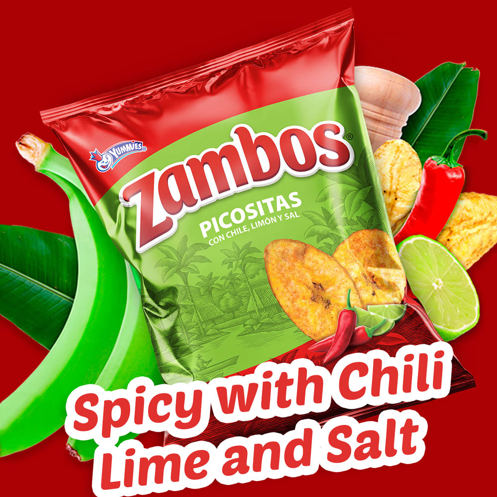 A bag of spicy Zambos plantain chips