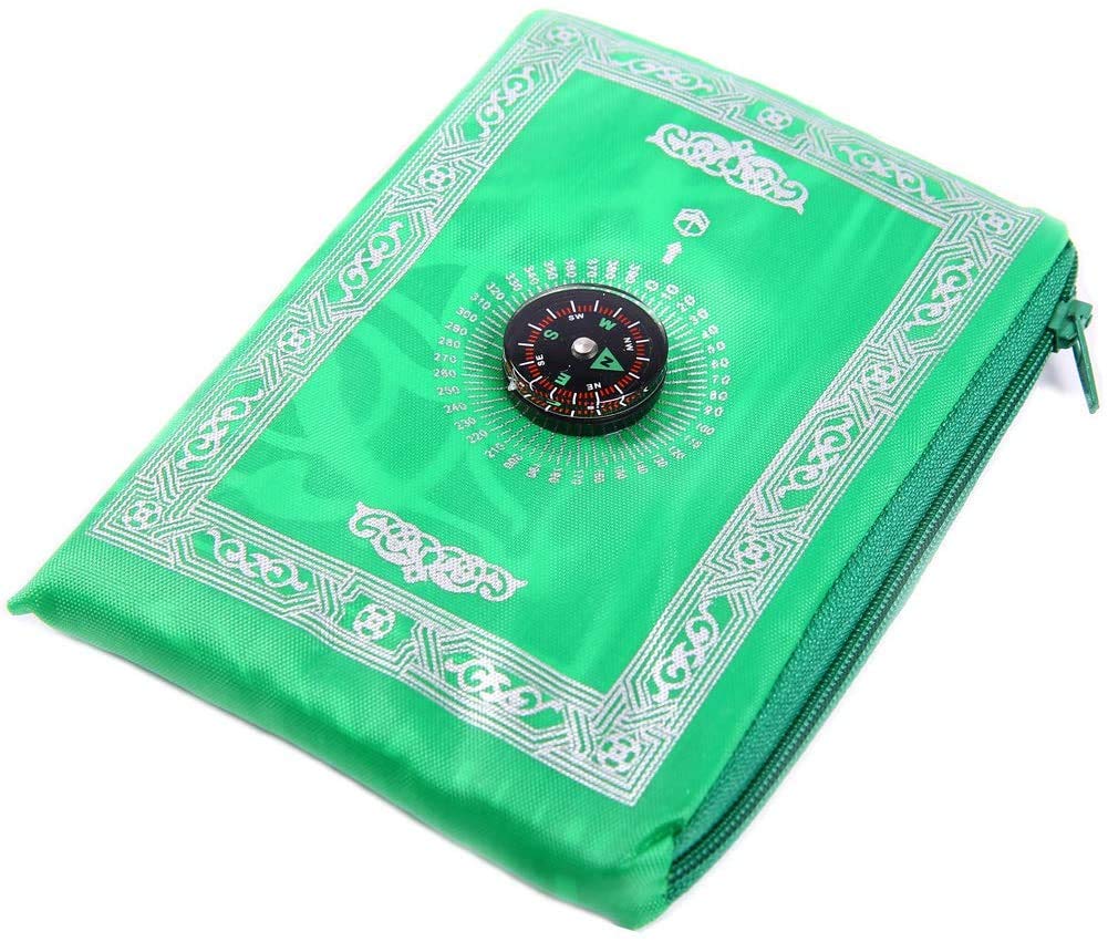 Islamic Muslim Rug Travel Prayer || Mat with compass Pocket Sized Carry Bag Cover 4x5inch || Mat 60x100cm || 4 Color Choice (Green)
