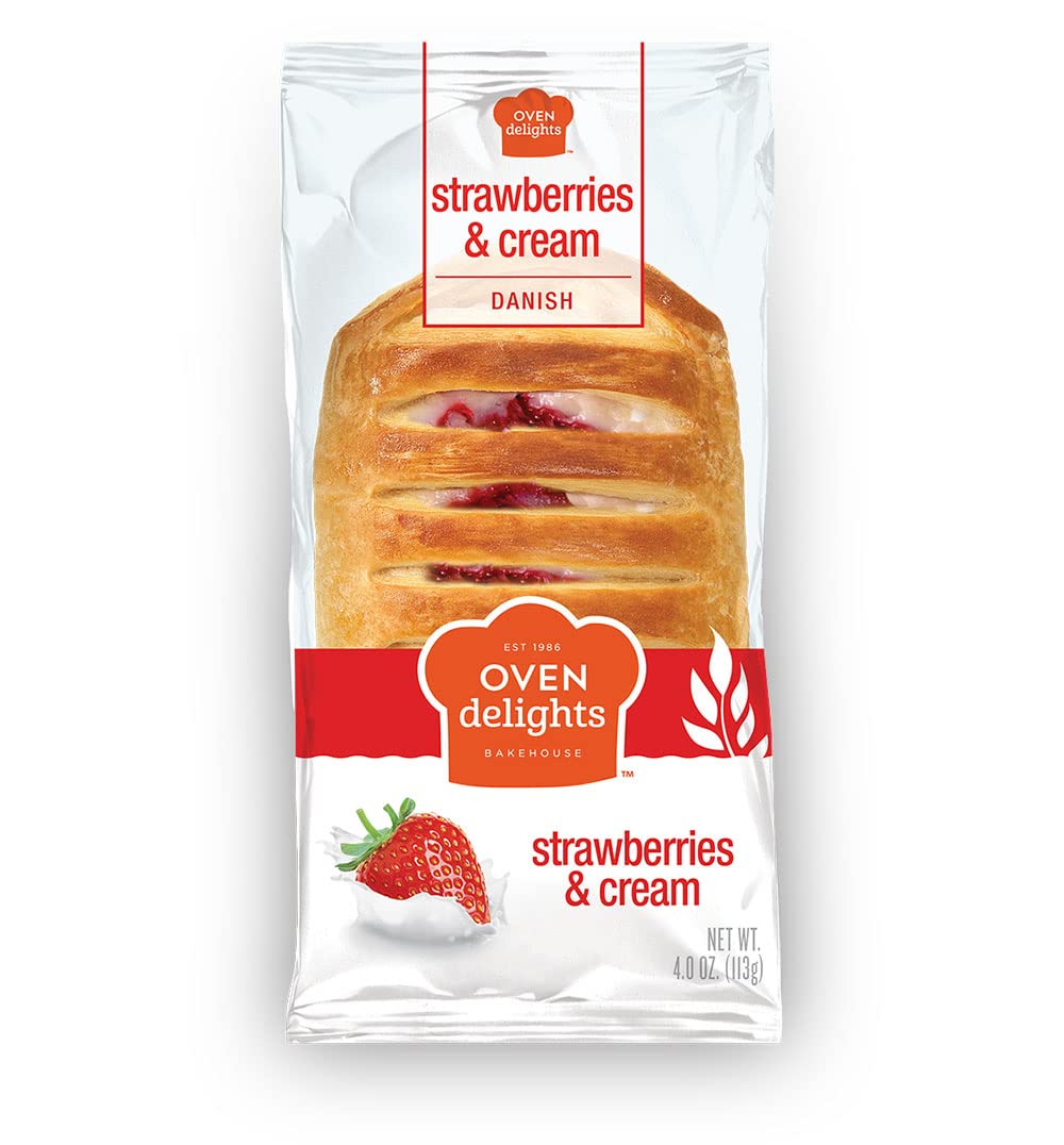 Oven Delights Strawberries & Cream Danish Made from scratch with fresh strawberries and sweet cream, the perfect combination, slowly cooked to perfection, and mixed with our fresh cream cheese filling which are perfectly cooked with real fruit | 4oz