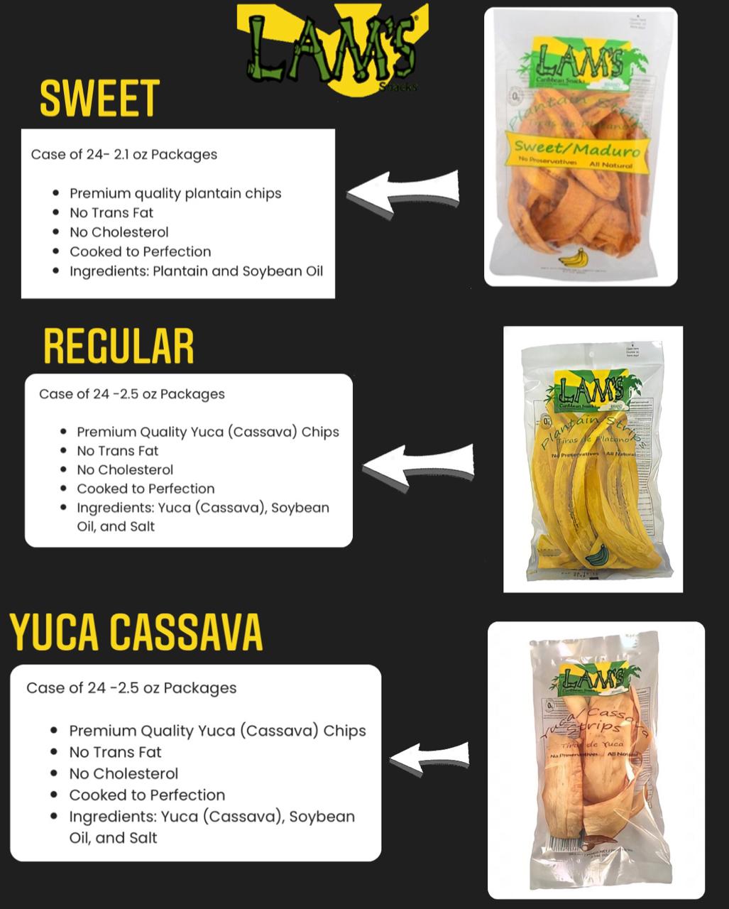 Lam's Plantain chips, banana chips, Sweet || Maduro || Yuca || Cassava strips || Regular Plantain Chips || 2.5 oz - 1PaysLess