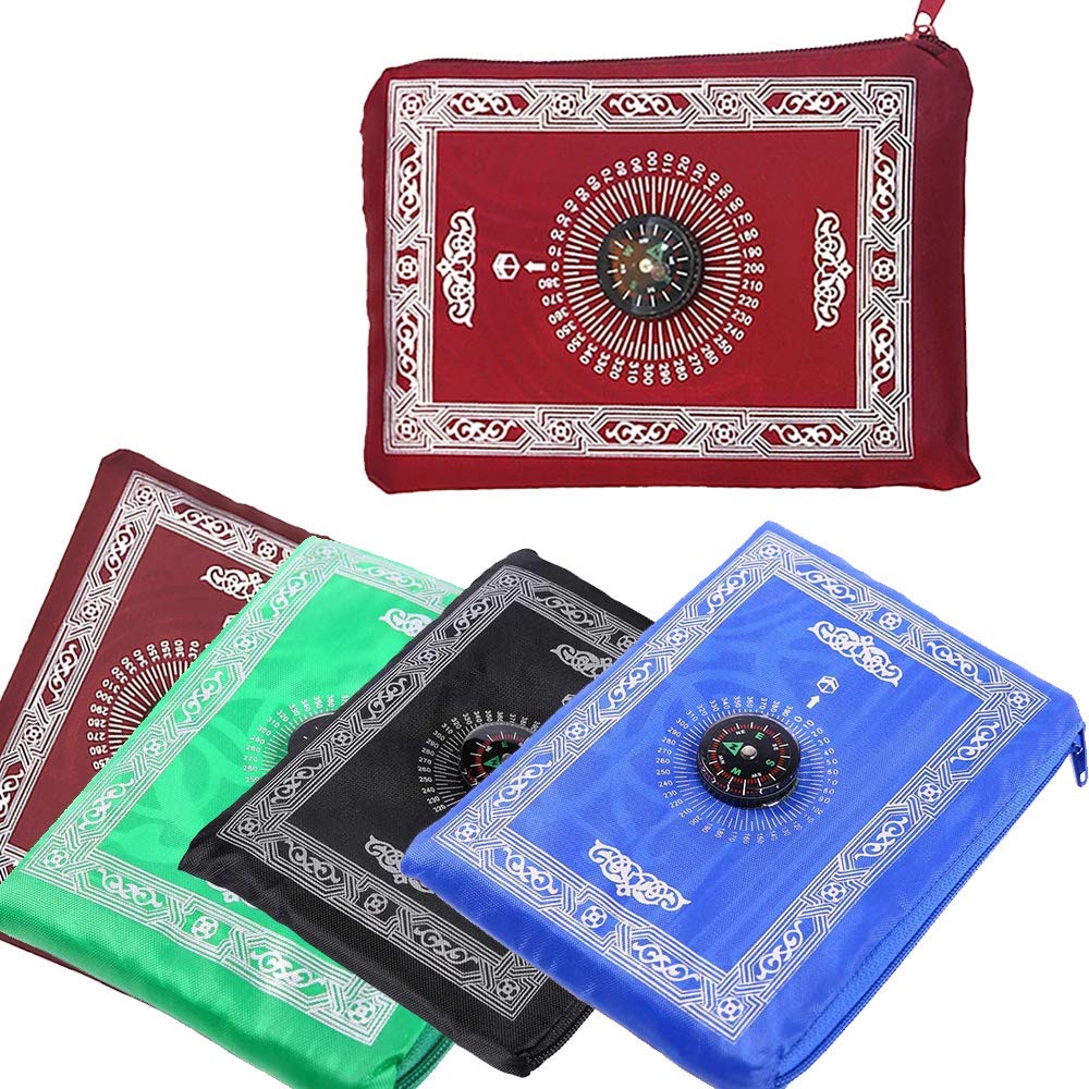 Islamic Muslim Rug Travel Prayer || Mat with compass Pocket Sized Carry Bag Cover 4x5inch || Mat 60x100cm || 5pcs || (Blue, red, green, black and burgundy) - 1PaysLess