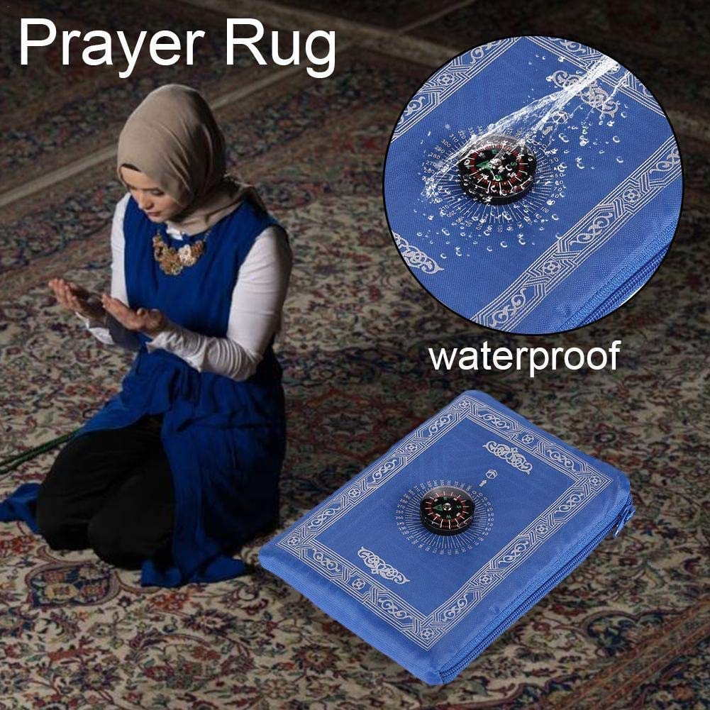 Touch and Learn || Islamic Muslim Rug Travel Prayer || Mat with compass Pocket Sized Carry Bag Cover 4x5inch || Mat 60x100cm || Blue Color