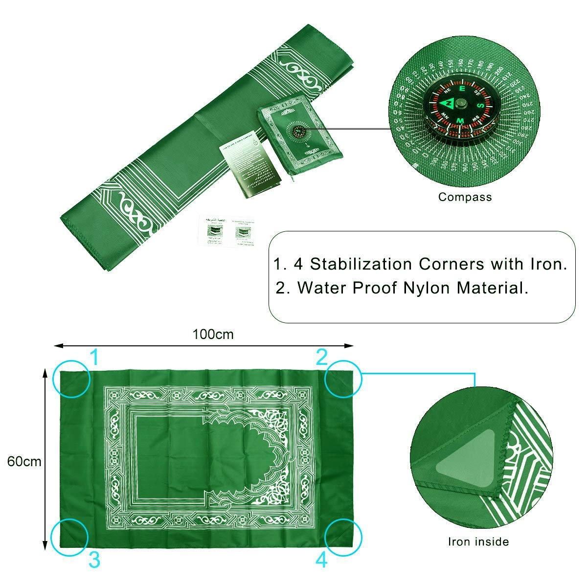 Islamic Green Prayer Rug with a Compass Pocket Sized 4x5inch