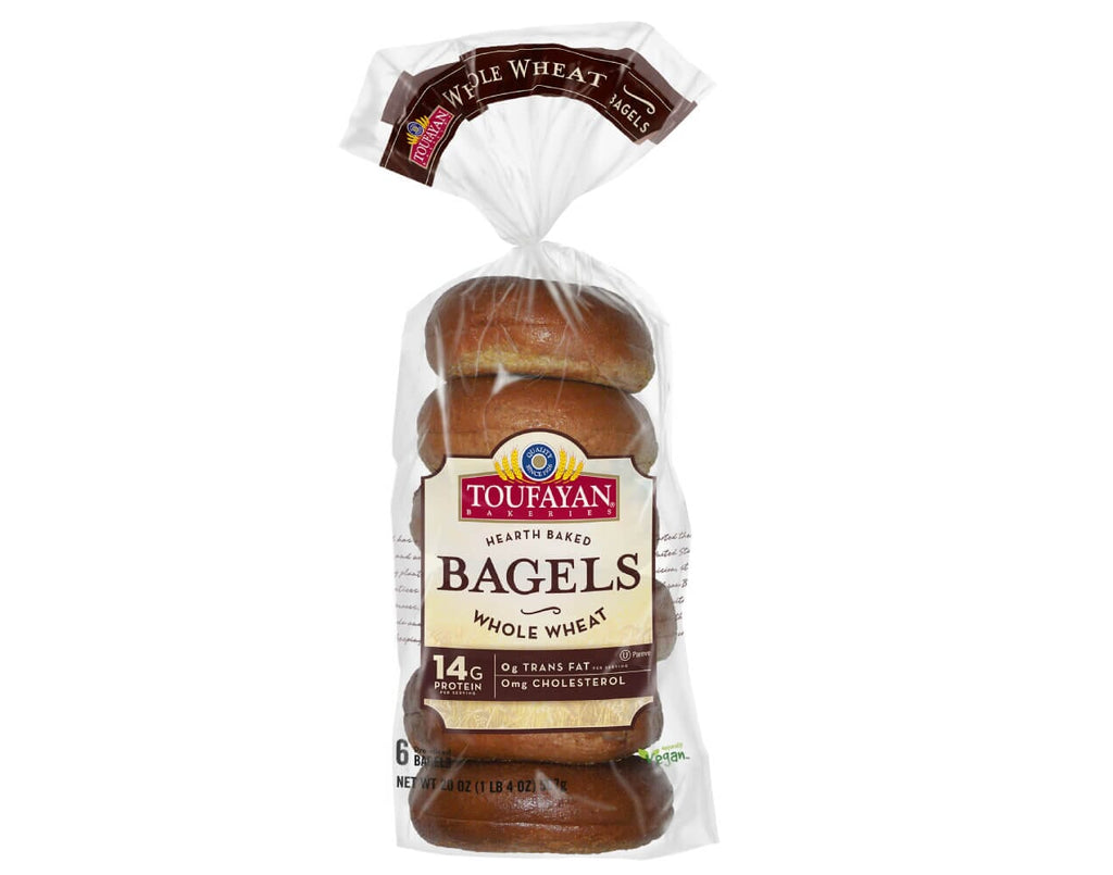 Toufayan Bakeries - Whole Wheat Bagels 20oz 6 Bagels | 12g Protein | 7g Fiber | Naturally Vegan | Cholesterol Free | Dairy Free | Egg Free