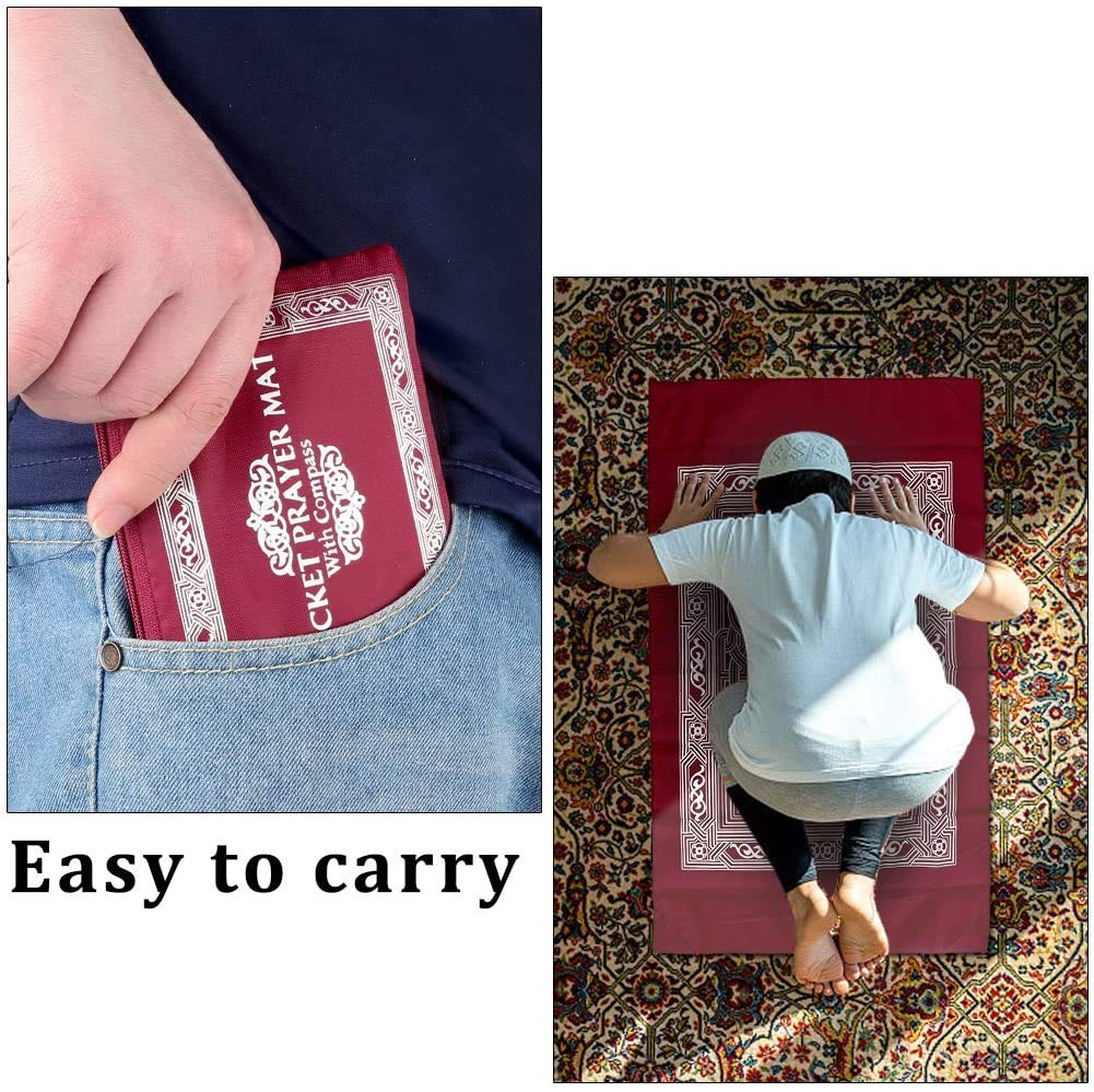 Islamic Muslim Rug Travel Prayer || Mat with compass Pocket Sized Carry Bag Cover 4x5inch || Mat 60x100cm || Burgundy