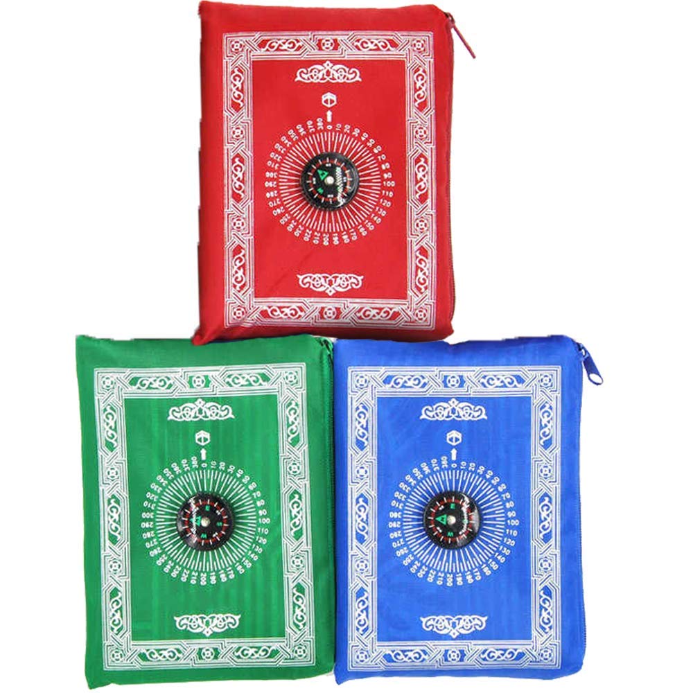 Islamic Muslim Rug Travel Prayer || Mat with compass Pocket Sized Carry Bag Cover 4x5inch|| Mat 60x100cm || The colors are red, blue and green